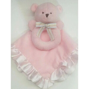 Carter's Plush Teddy Bear Rattle Lovey Security Blanket Pink Satin Trim 13"
